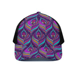Purple Bohemian Peacock Feather Print Black Mesh Trucker Cap