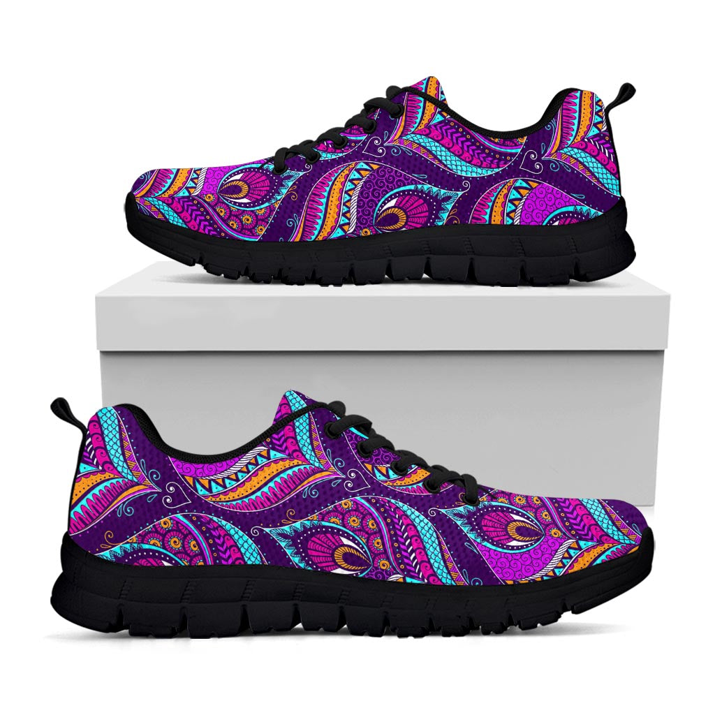 Purple Bohemian Peacock Feather Print Black Running Shoes