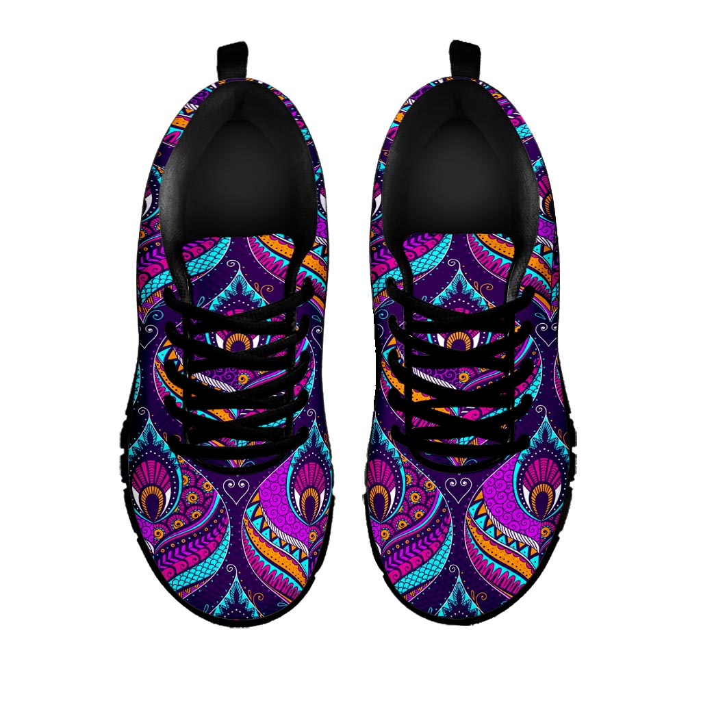 Purple Bohemian Peacock Feather Print Black Running Shoes