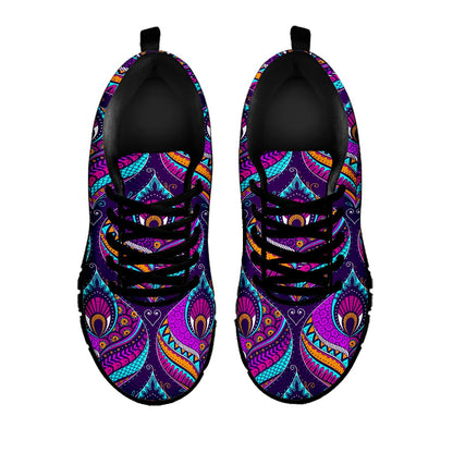 Purple Bohemian Peacock Feather Print Black Running Shoes