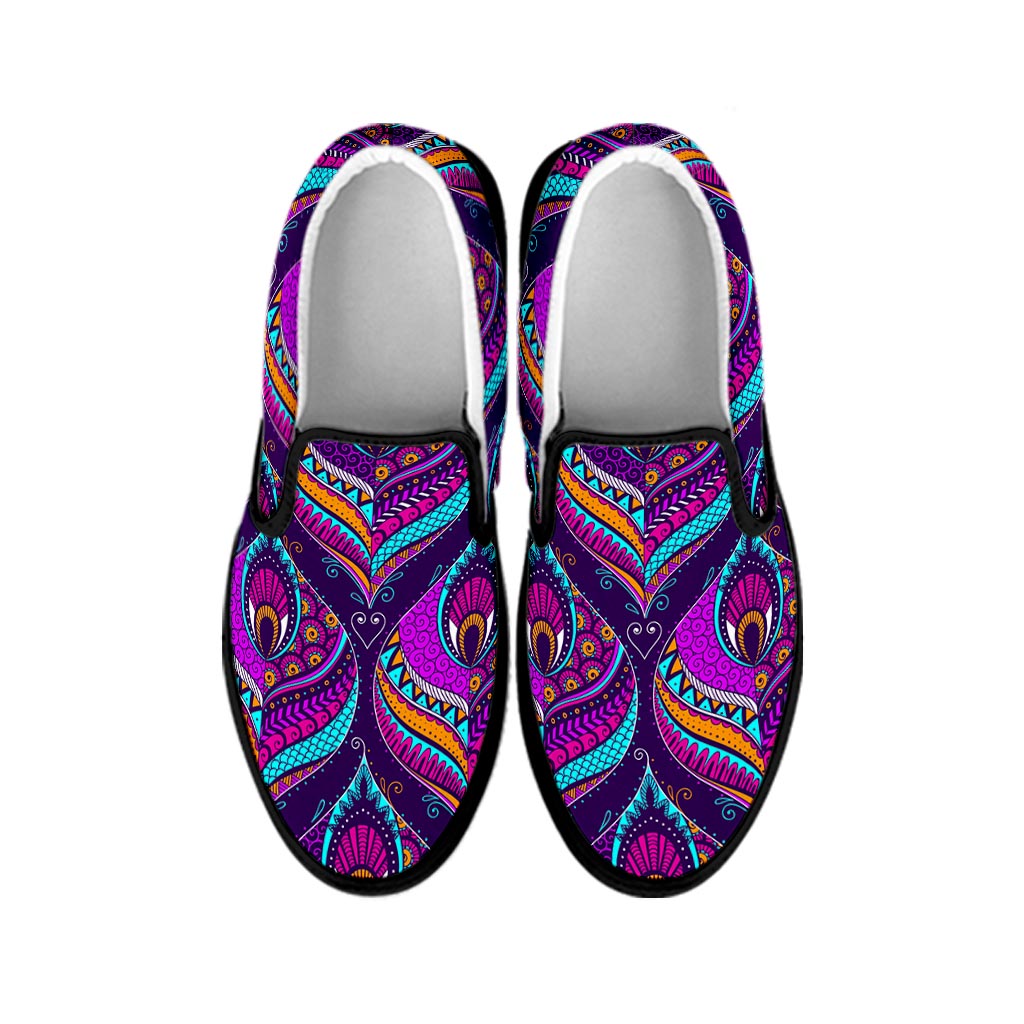 Purple Bohemian Peacock Feather Print Black Slip On Sneakers