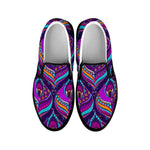 Purple Bohemian Peacock Feather Print Black Slip On Sneakers