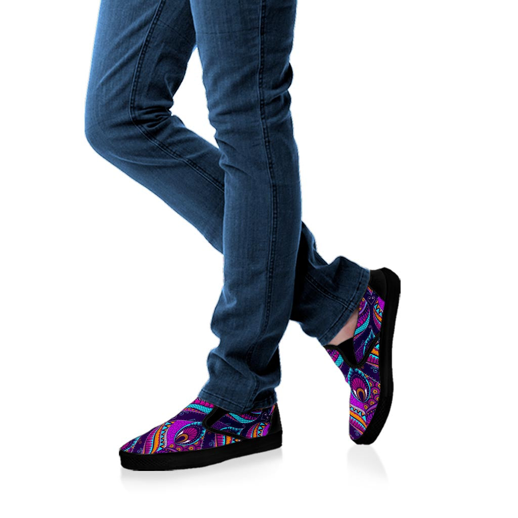 Purple Bohemian Peacock Feather Print Black Slip On Sneakers