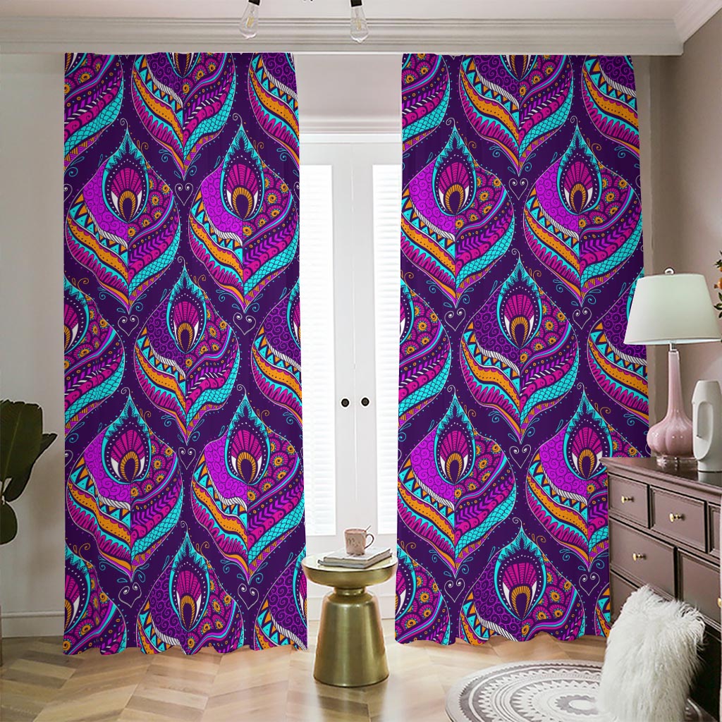 Purple Bohemian Peacock Feather Print Blackout Pencil Pleat Curtains