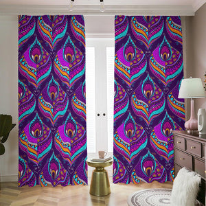 Purple Bohemian Peacock Feather Print Blackout Pencil Pleat Curtains