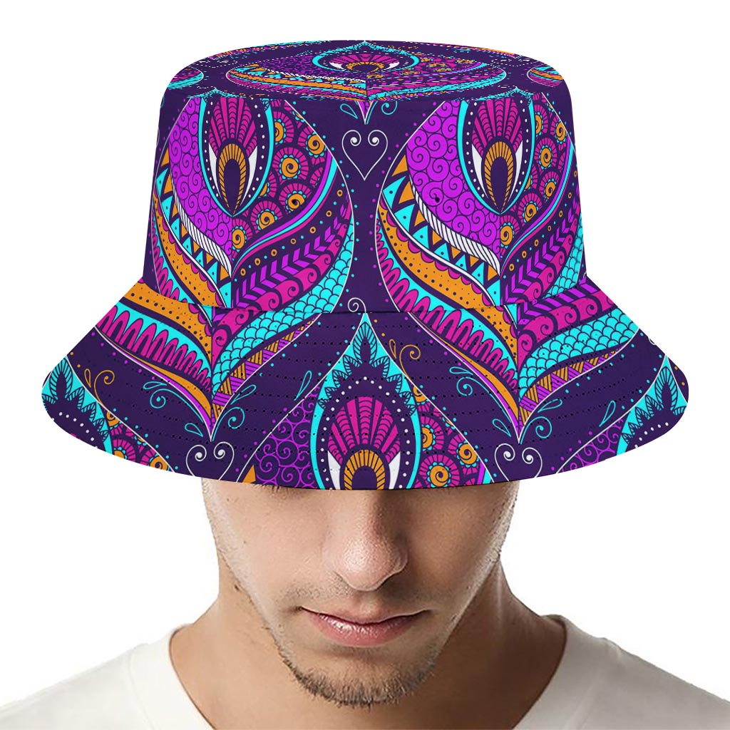 Purple Bohemian Peacock Feather Print Bucket Hat