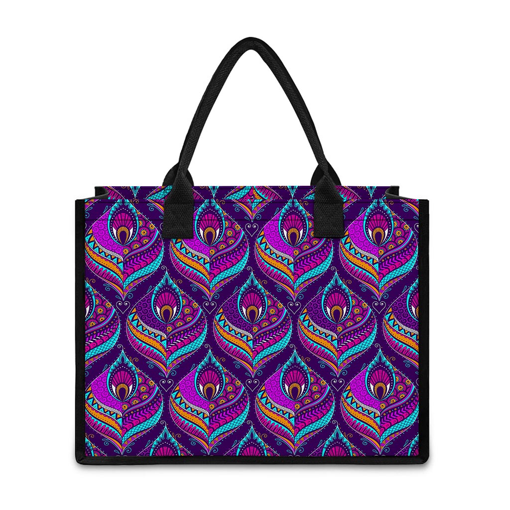 Purple Bohemian Peacock Feather Print Canvas Tote Bag
