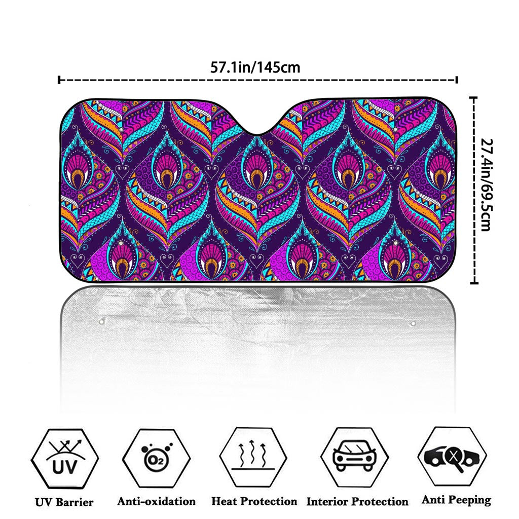 Purple Bohemian Peacock Feather Print Car Windshield Sun Shade