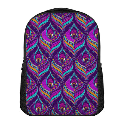 Purple Bohemian Peacock Feather Print Casual Backpack