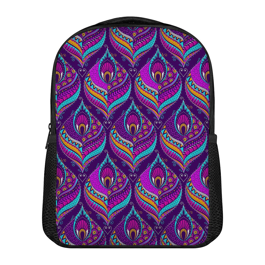 Purple Bohemian Peacock Feather Print Casual Backpack