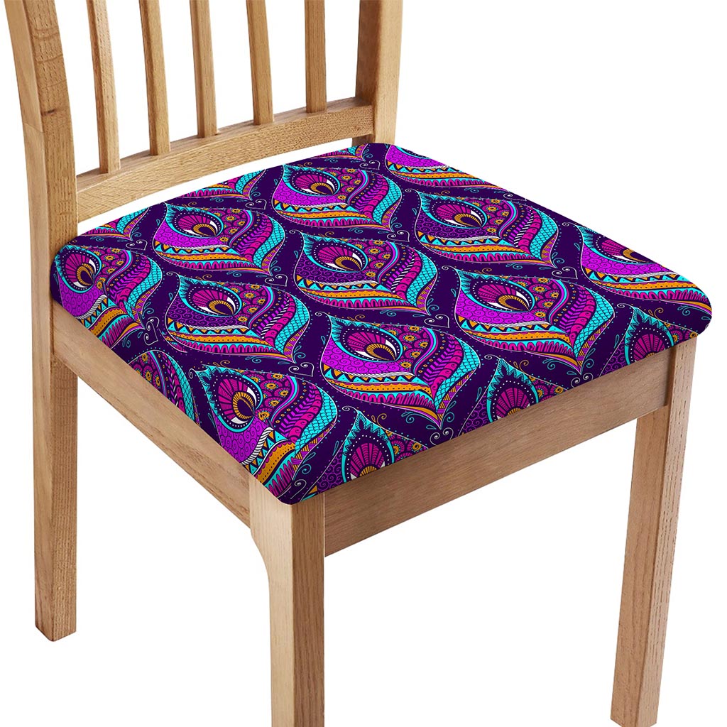 Purple Bohemian Peacock Feather Print Chair Cushion Cover