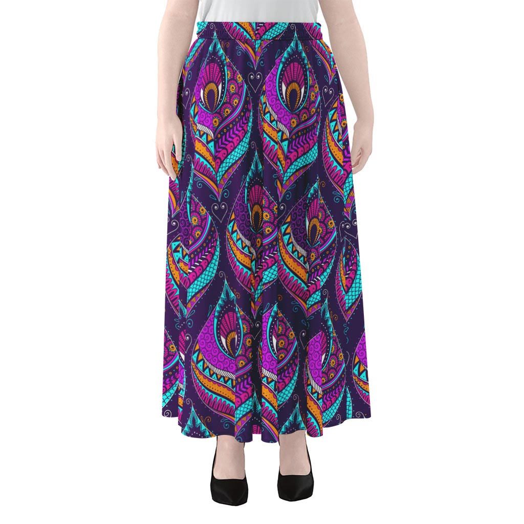 Purple Bohemian Peacock Feather Print Chiffon Maxi Skirt