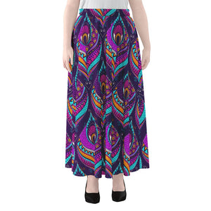 Purple Bohemian Peacock Feather Print Chiffon Maxi Skirt