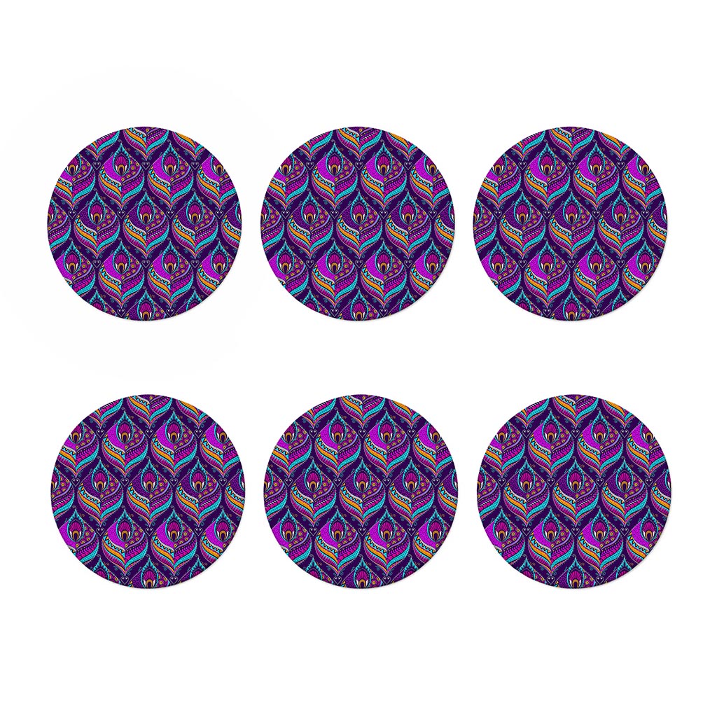 Purple Bohemian Peacock Feather Print Coaster Set