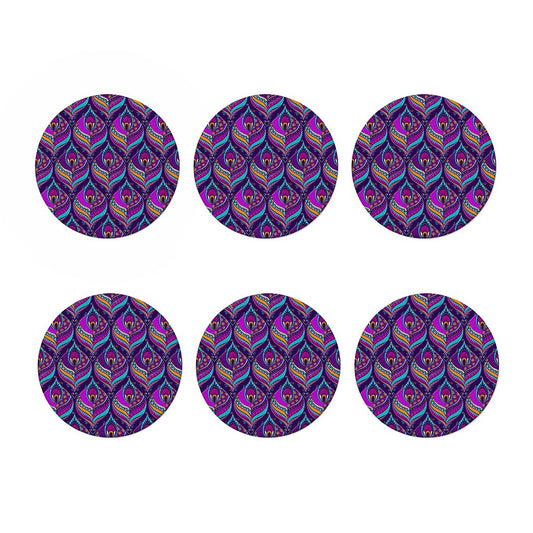 Purple Bohemian Peacock Feather Print Coaster Set