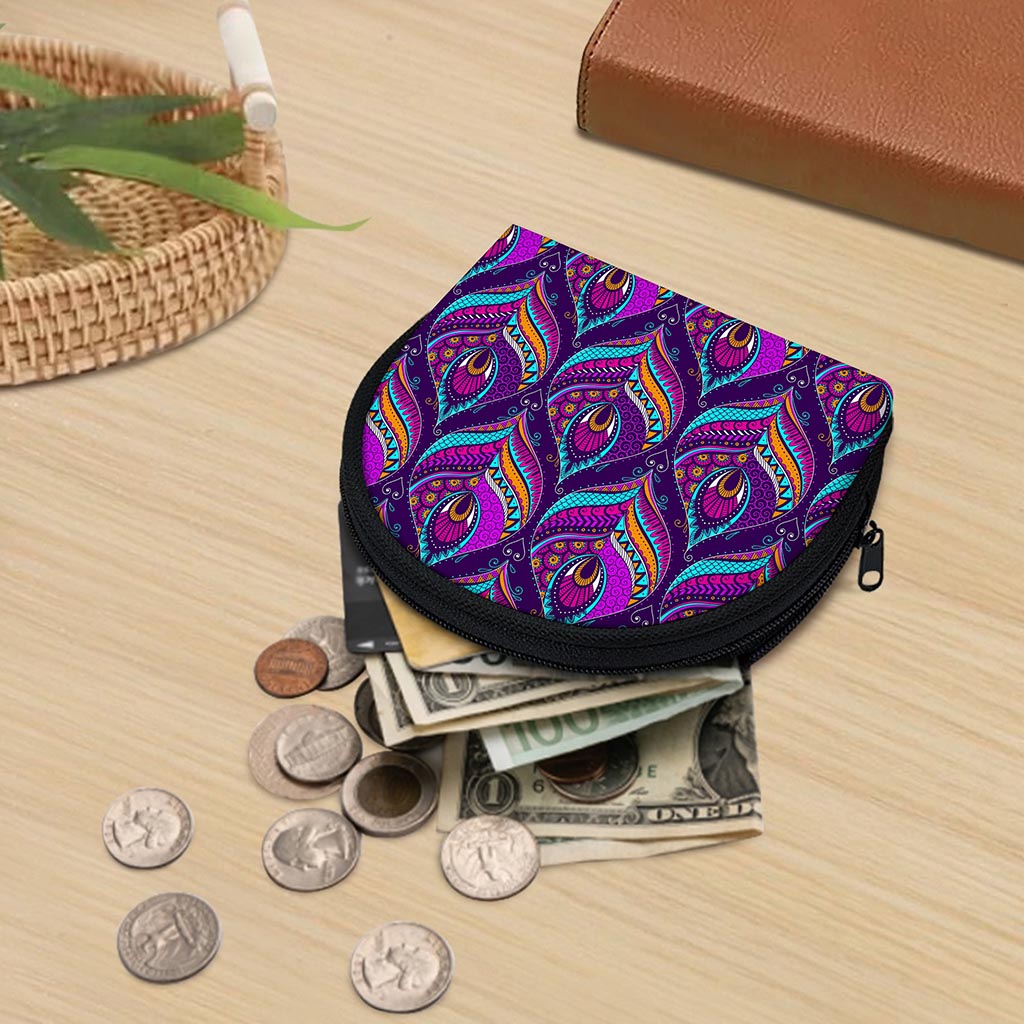 Purple Bohemian Peacock Feather Print Coin Purse
