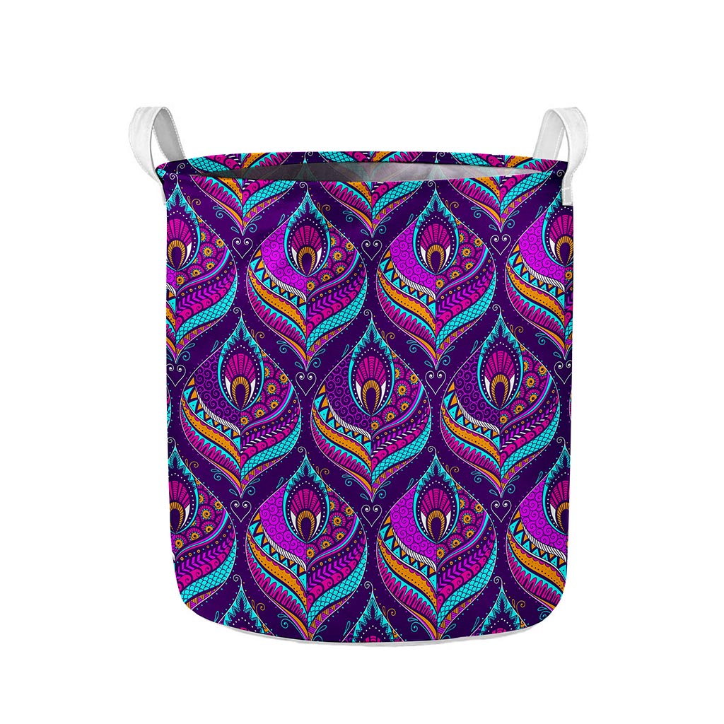 Purple Bohemian Peacock Feather Print Collapsible Laundry Basket