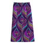 Purple Bohemian Peacock Feather Print Cotton Front Slit Maxi Skirt