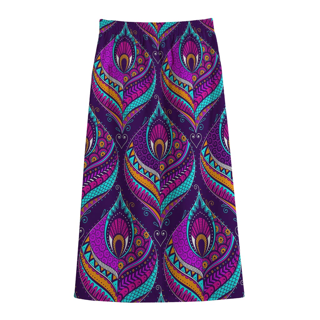 Purple Bohemian Peacock Feather Print Cotton Front Slit Maxi Skirt