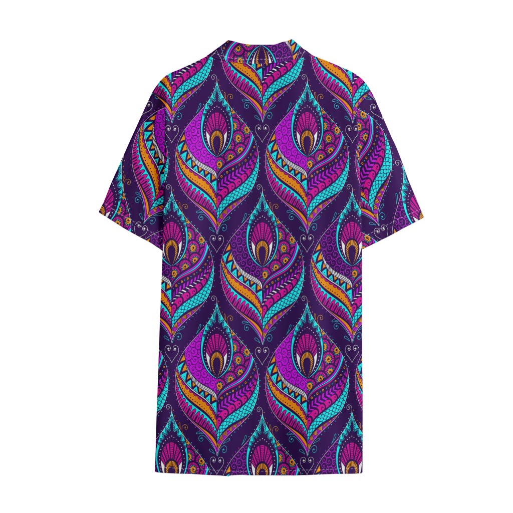Purple Bohemian Peacock Feather Print Cotton Hawaiian Shirt