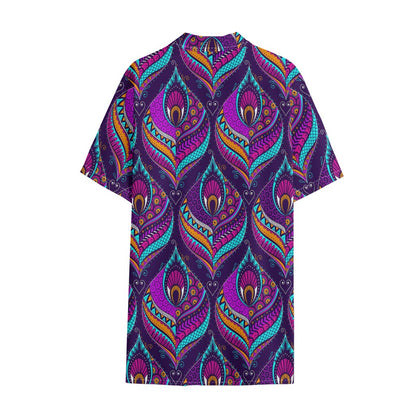 Purple Bohemian Peacock Feather Print Cotton Hawaiian Shirt