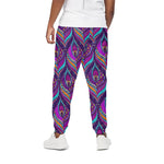 Purple Bohemian Peacock Feather Print Cotton Pants