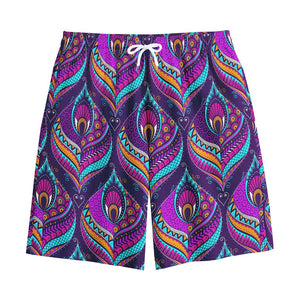 Purple Bohemian Peacock Feather Print Cotton Shorts