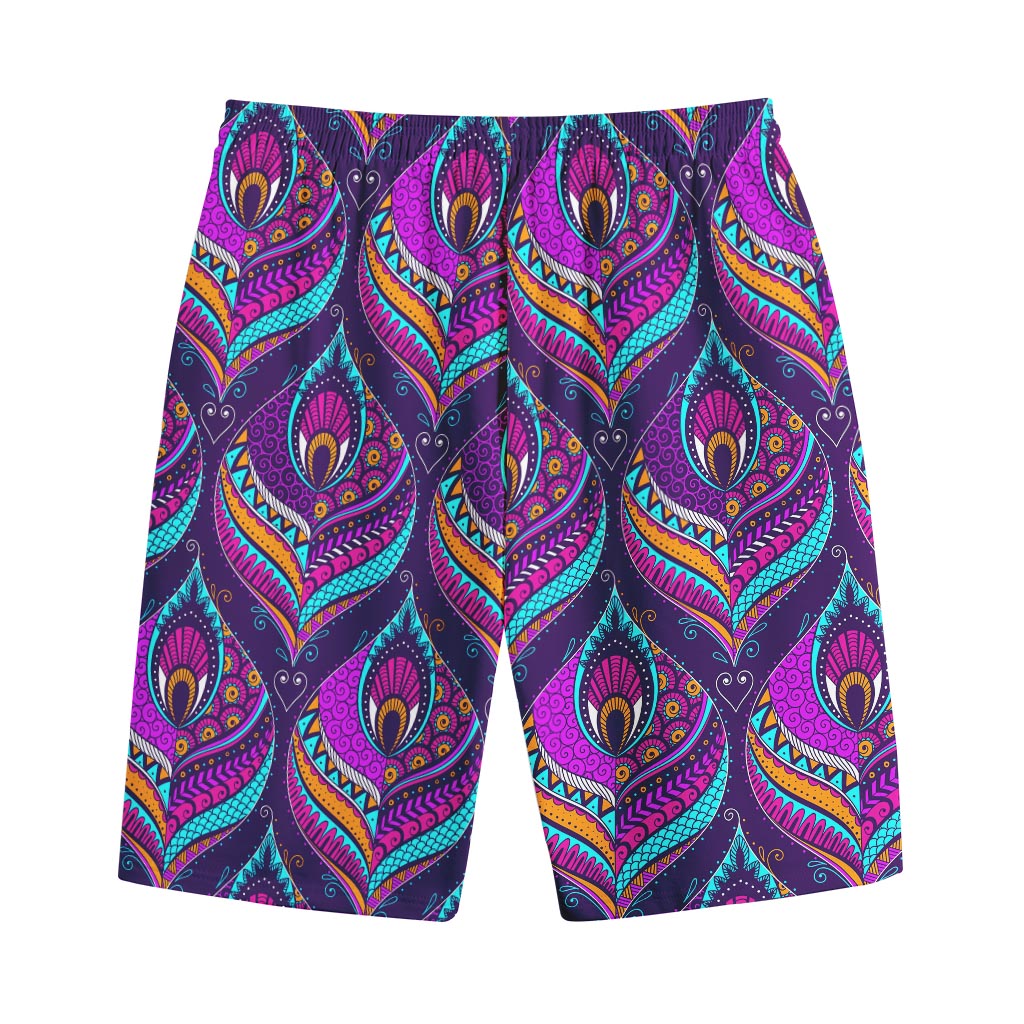 Purple Bohemian Peacock Feather Print Cotton Shorts