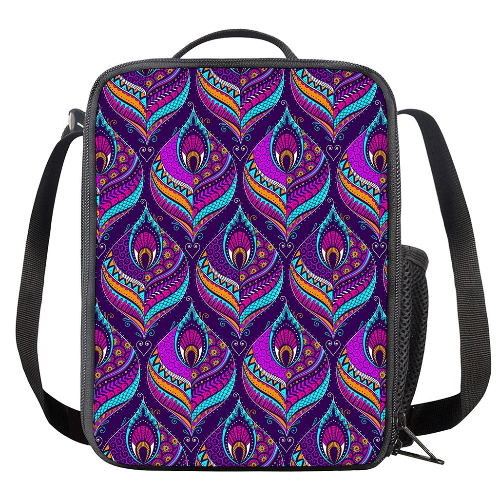 Purple Bohemian Peacock Feather Print Crossbody Lunch Bag