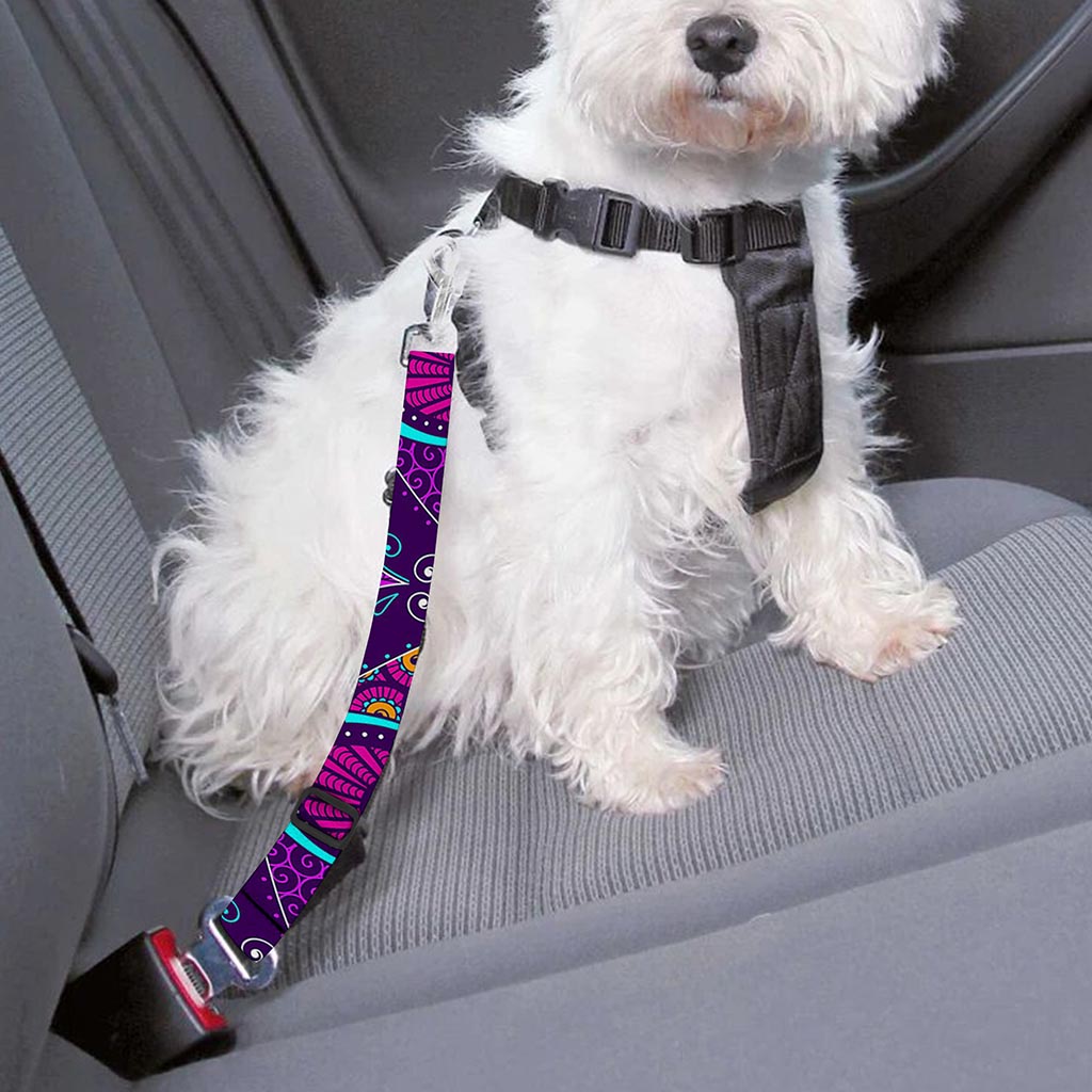 Purple Bohemian Peacock Feather Print Dog Seat Belt
