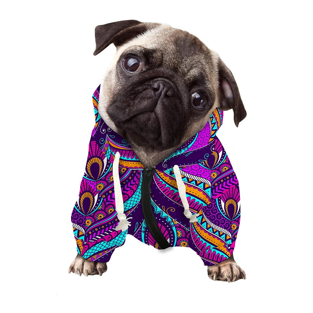 Purple Bohemian Peacock Feather Print Dog Zip Up Hoodie