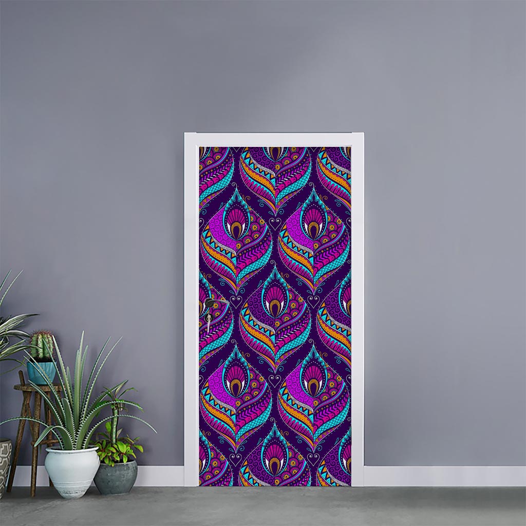 Purple Bohemian Peacock Feather Print Door Sticker