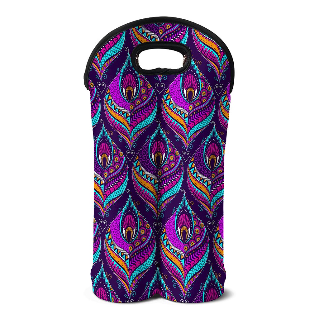 Purple Bohemian Peacock Feather Print Double Neoprene Wine Tote