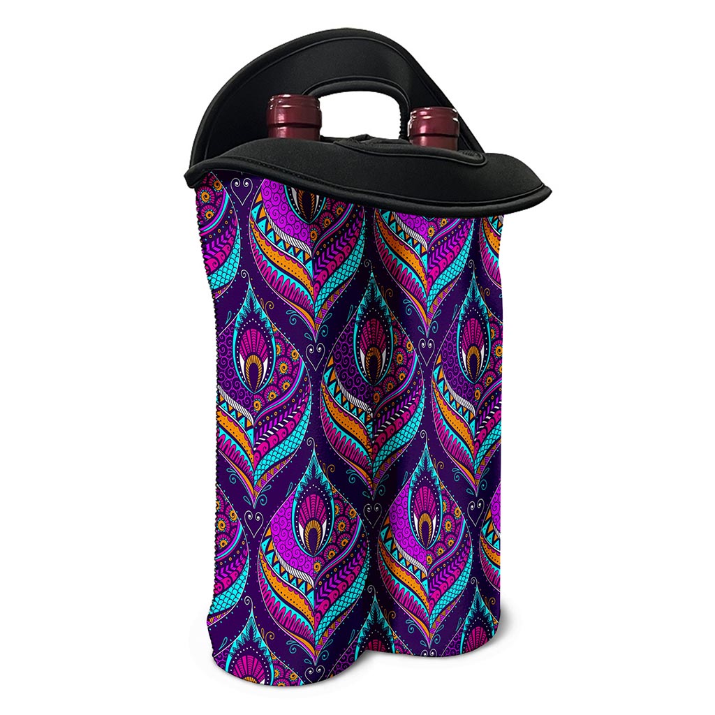 Purple Bohemian Peacock Feather Print Double Neoprene Wine Tote