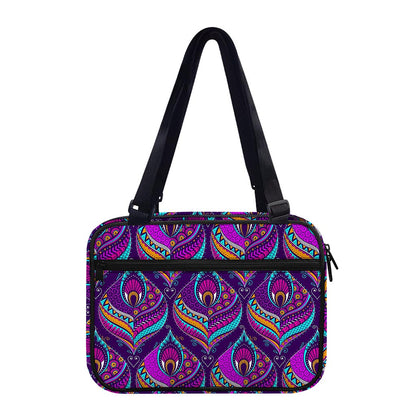 Purple Bohemian Peacock Feather Print Double Strap Bible Bag