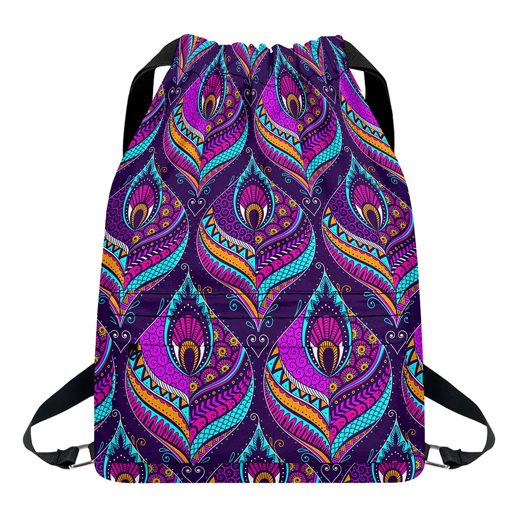 Purple Bohemian Peacock Feather Print Drawstring Backpack