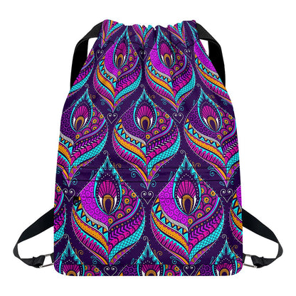 Purple Bohemian Peacock Feather Print Drawstring Backpack