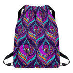 Purple Bohemian Peacock Feather Print Drawstring Backpack