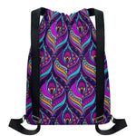 Purple Bohemian Peacock Feather Print Drawstring Backpack
