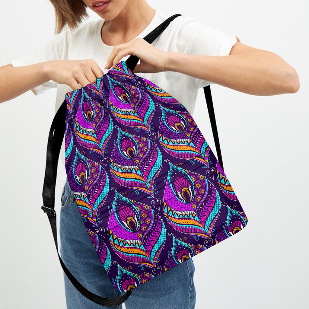 Purple Bohemian Peacock Feather Print Drawstring Backpack
