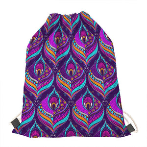 Purple Bohemian Peacock Feather Print Drawstring Bag