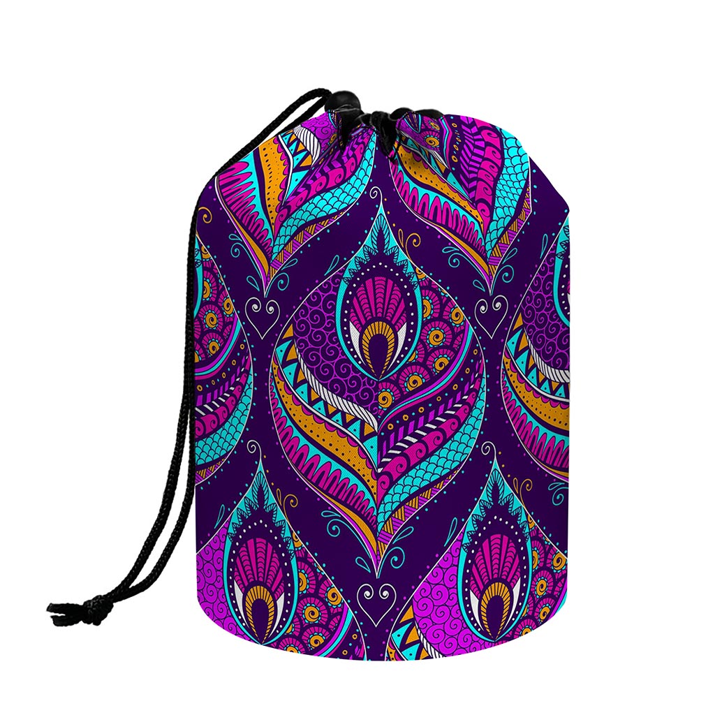 Purple Bohemian Peacock Feather Print Drawstring Makeup Bag