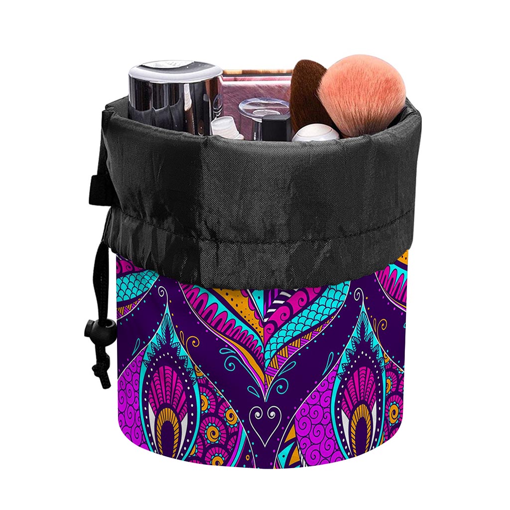 Purple Bohemian Peacock Feather Print Drawstring Makeup Bag