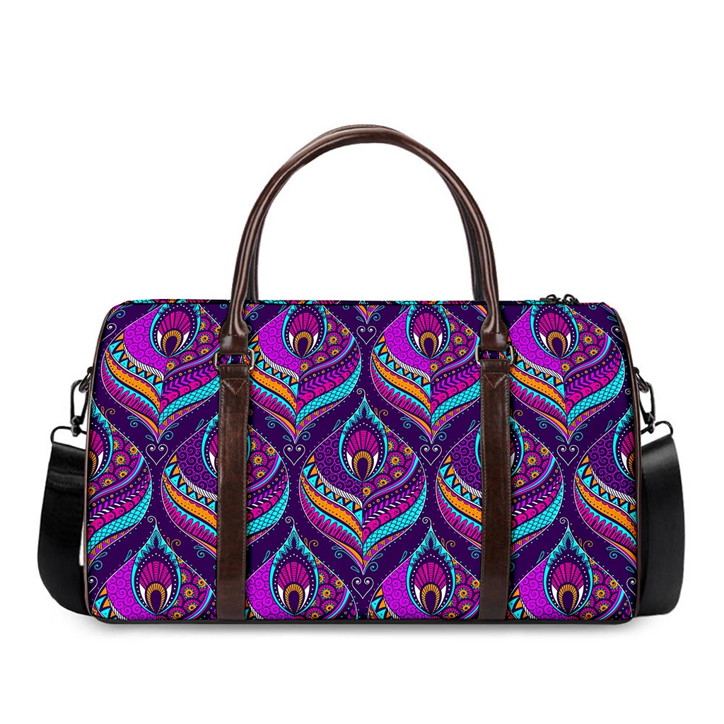 Purple Bohemian Peacock Feather Print Duffle Bag