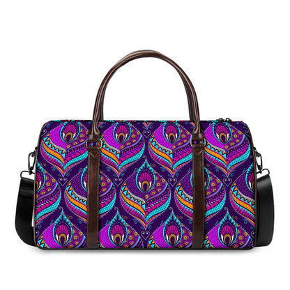 Purple Bohemian Peacock Feather Print Duffle Bag
