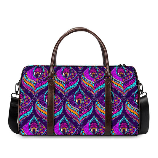 Purple Bohemian Peacock Feather Print Duffle Bag