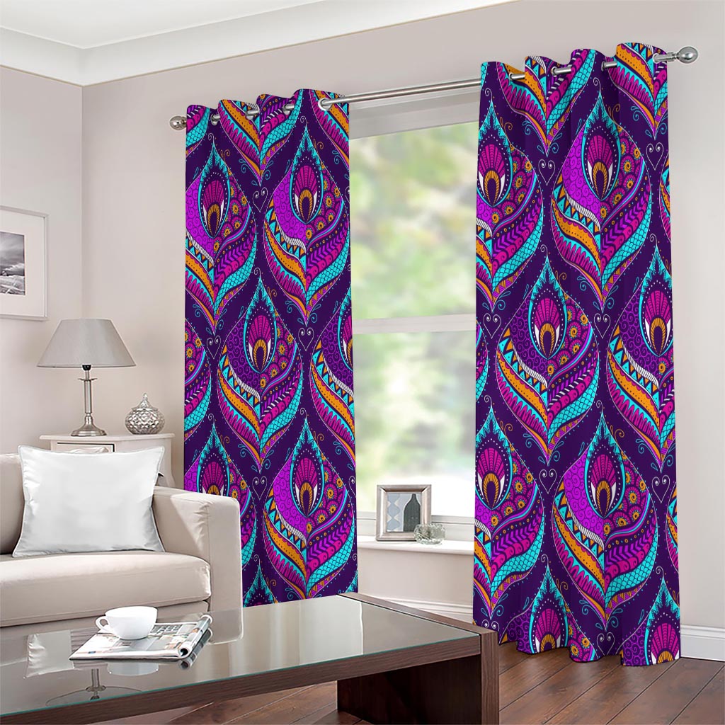 Purple Bohemian Peacock Feather Print Extra Wide Grommet Curtains