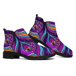 Purple Bohemian Peacock Feather Print Flat Ankle Boots