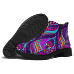Purple Bohemian Peacock Feather Print Flat Ankle Boots
