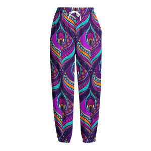 Purple Bohemian Peacock Feather Print Fleece Lined Knit Pants